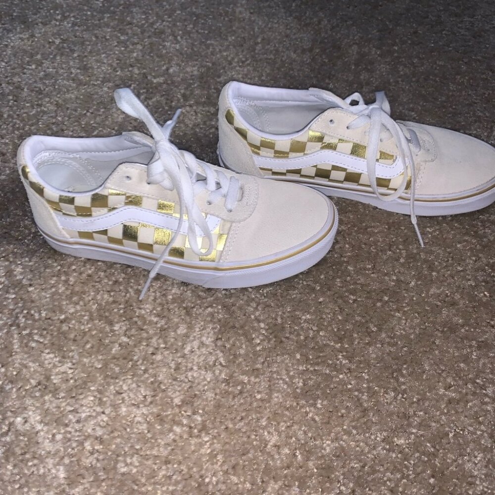Cream and gold checkered vans